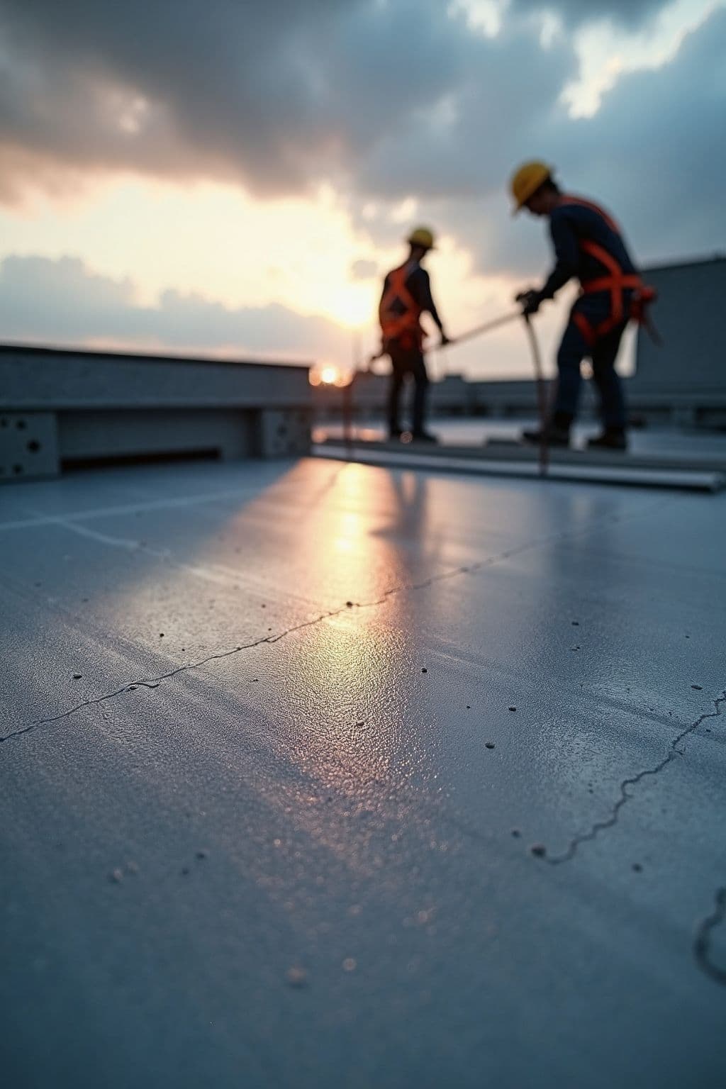 Dachdecker dichten ein Flachdach im Abendlicht ab