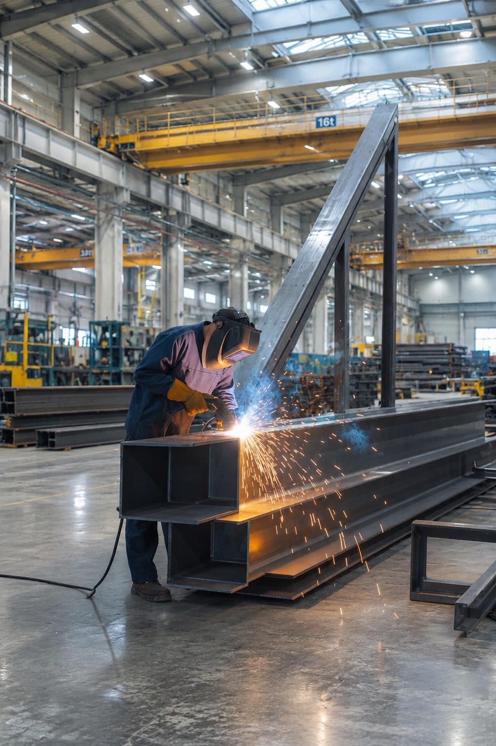 Metallbauer schweisst einen Stahlträger in der Werkhalle