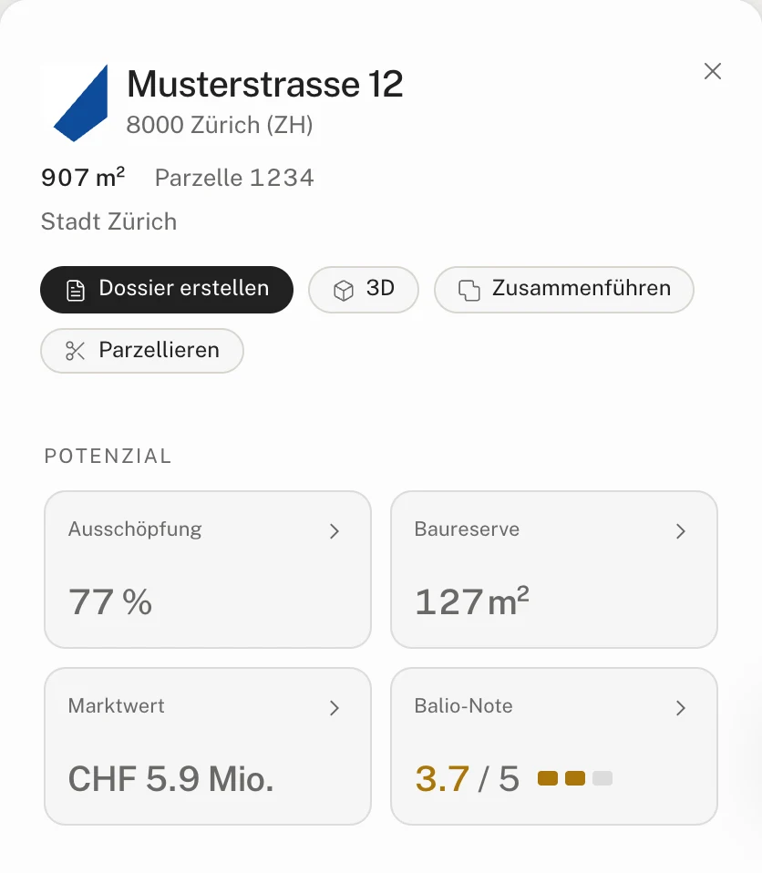 Balio nach der Eingabe einer Adresse: Parzelle mit Ausschöpfung, Baureserve, Marktwert und Balio-Note