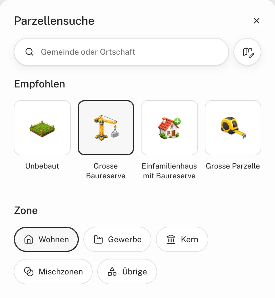 Die Parzellensuche von Balio mit den Kacheln Unbebaut, Grosse Baureserve, Einfamilienhaus mit Baureserve und Grosse Parzelle